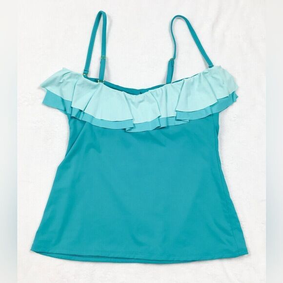 Bleu Rod Beattie NWT Double Ruffle Tankini Swimsuit Top in Summer Teal Size 6 - Picture 6 of 8